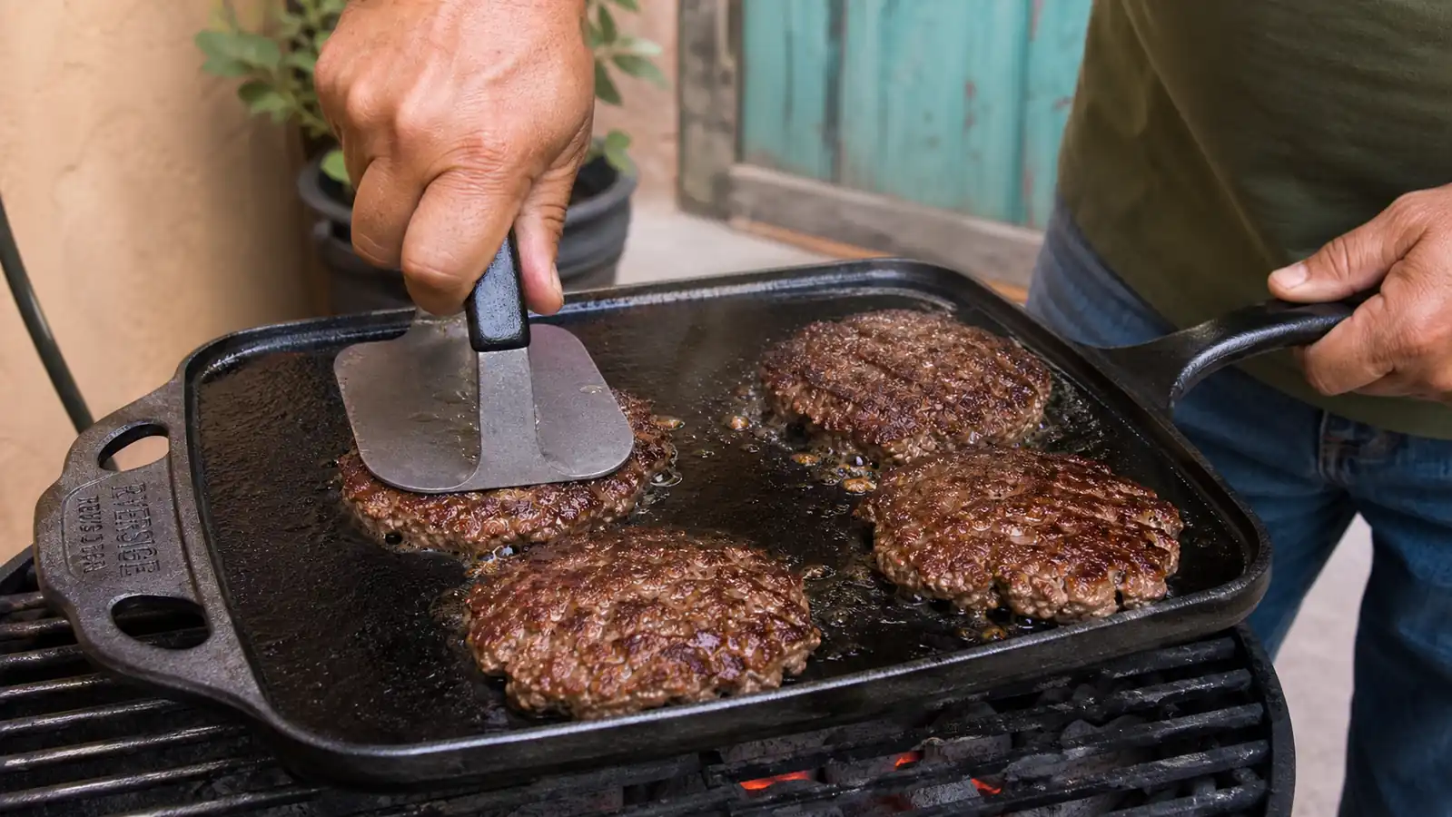 A hand using a metal spatula to flip smash burger patties on the smooth side of a cast iron griddle set over a kettle grill's grates, steam rising