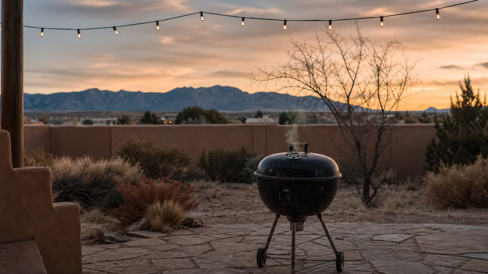 A black kettle grill on a flagstone patio at dusk with string lights and the Sandia Mountains in the distance