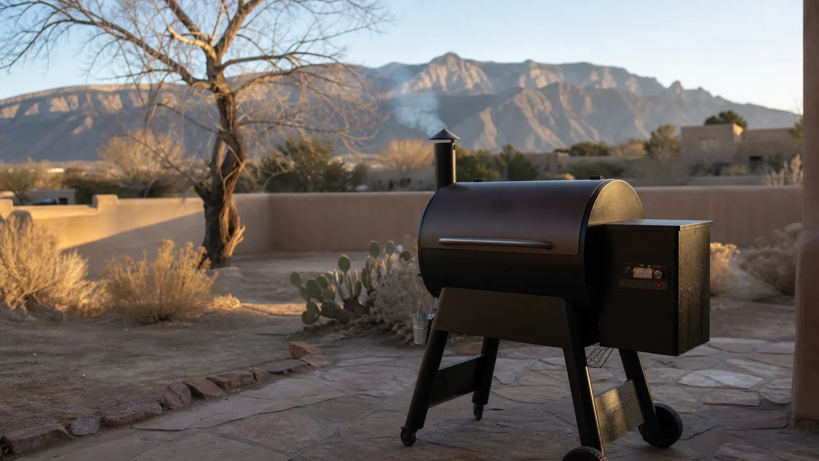 Thin blue smoke rising from a pellet smoker stack on a stone patio at dawn with mountains in the distance