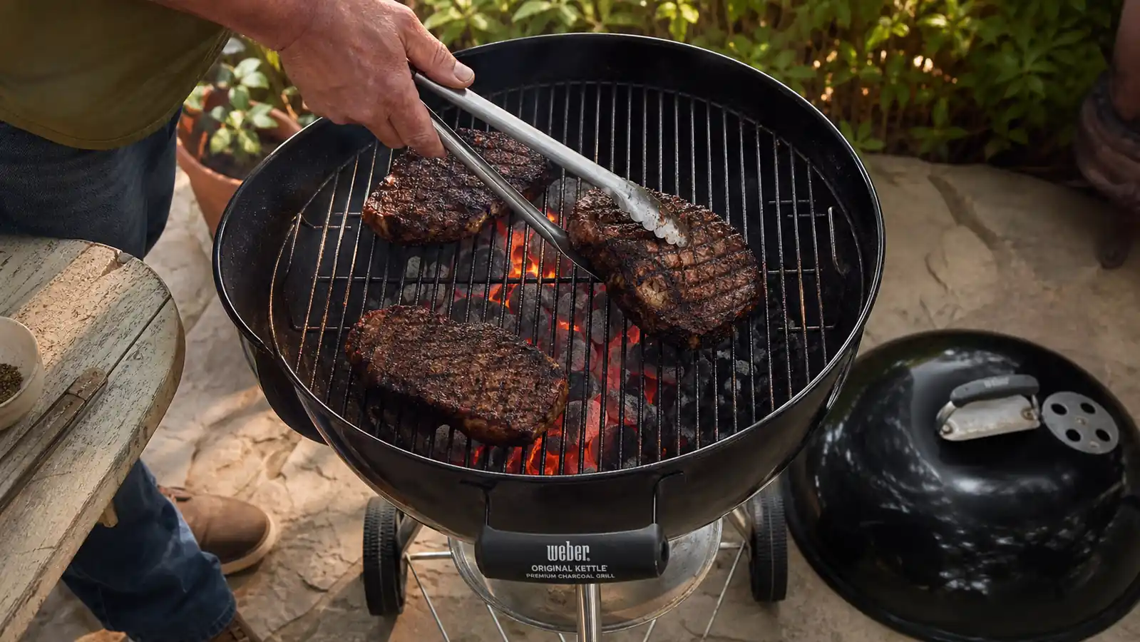 Tongs flipping a well-crusted steak with dark grill marks directly over open coals in a kettle grill, lid off