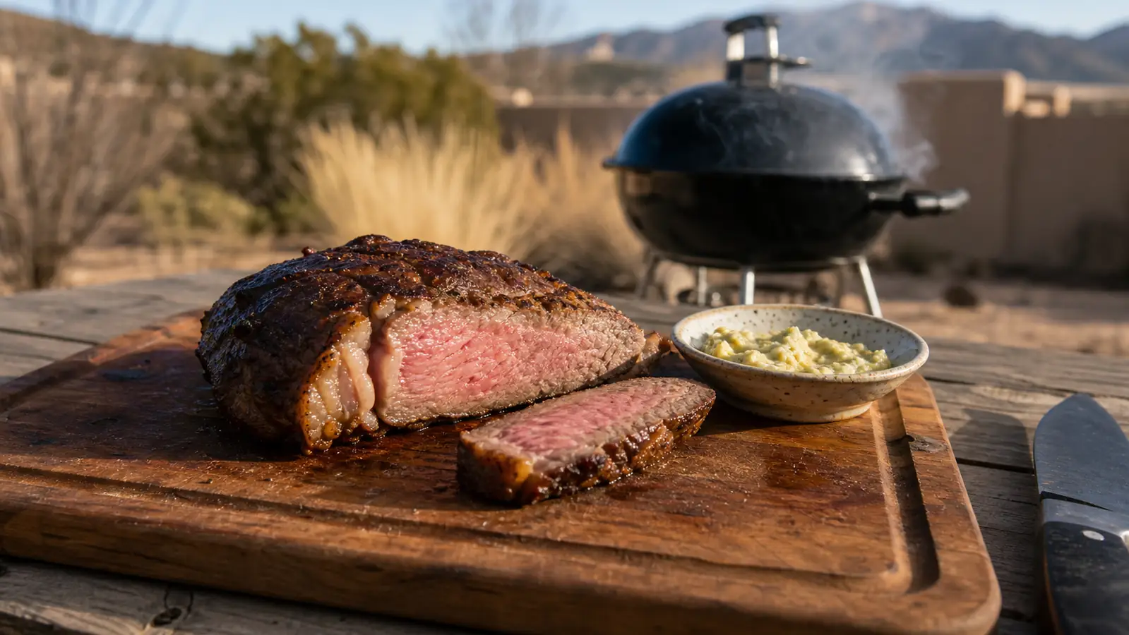 A rested, seared steak sliced open on a wooden cutting board on a patio table with a smoking kettle grill in the background