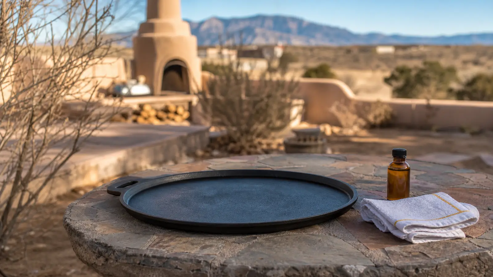 A cast iron griddle with a dark, even seasoning layer resting on a stone patio table next to a small bottle of oil and a folded cloth