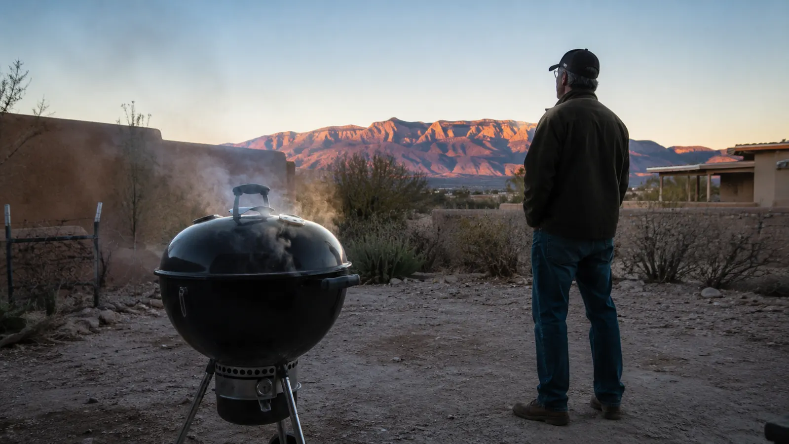 A kettle grill smoking on a backyard patio in the New Mexico high desert at early morning with mountains in the distance