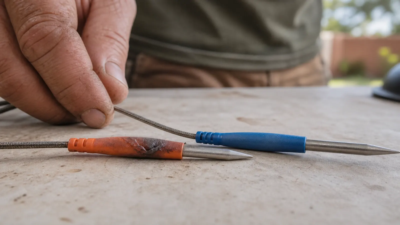A discolored, slightly tacky orange silicone probe boot resting next to an unused blue silicone probe boot on a workbench