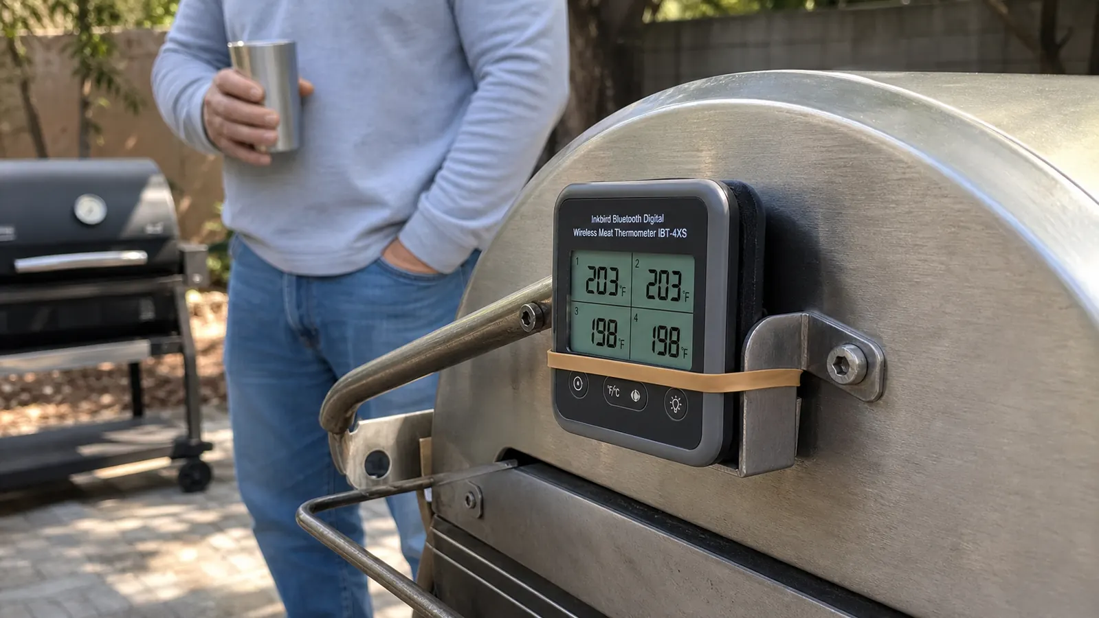 A digital thermometer base station held onto the aluminum lid of a pellet smoker with a rubber band looped through the hinge