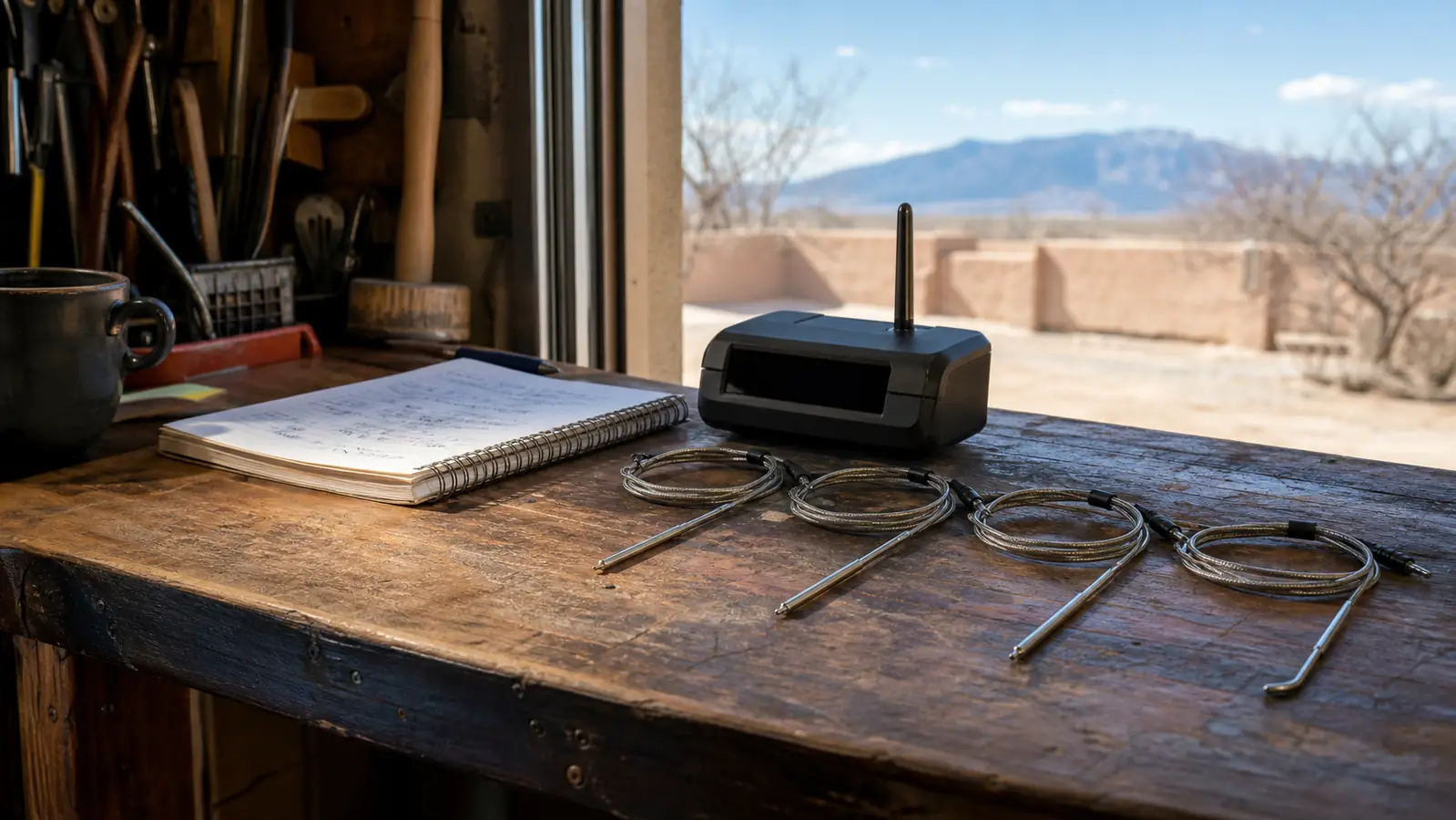 A small digital thermometer base station and four coiled probes laid out on a wooden workbench next to an open spiral notebook of handwritten cook notes