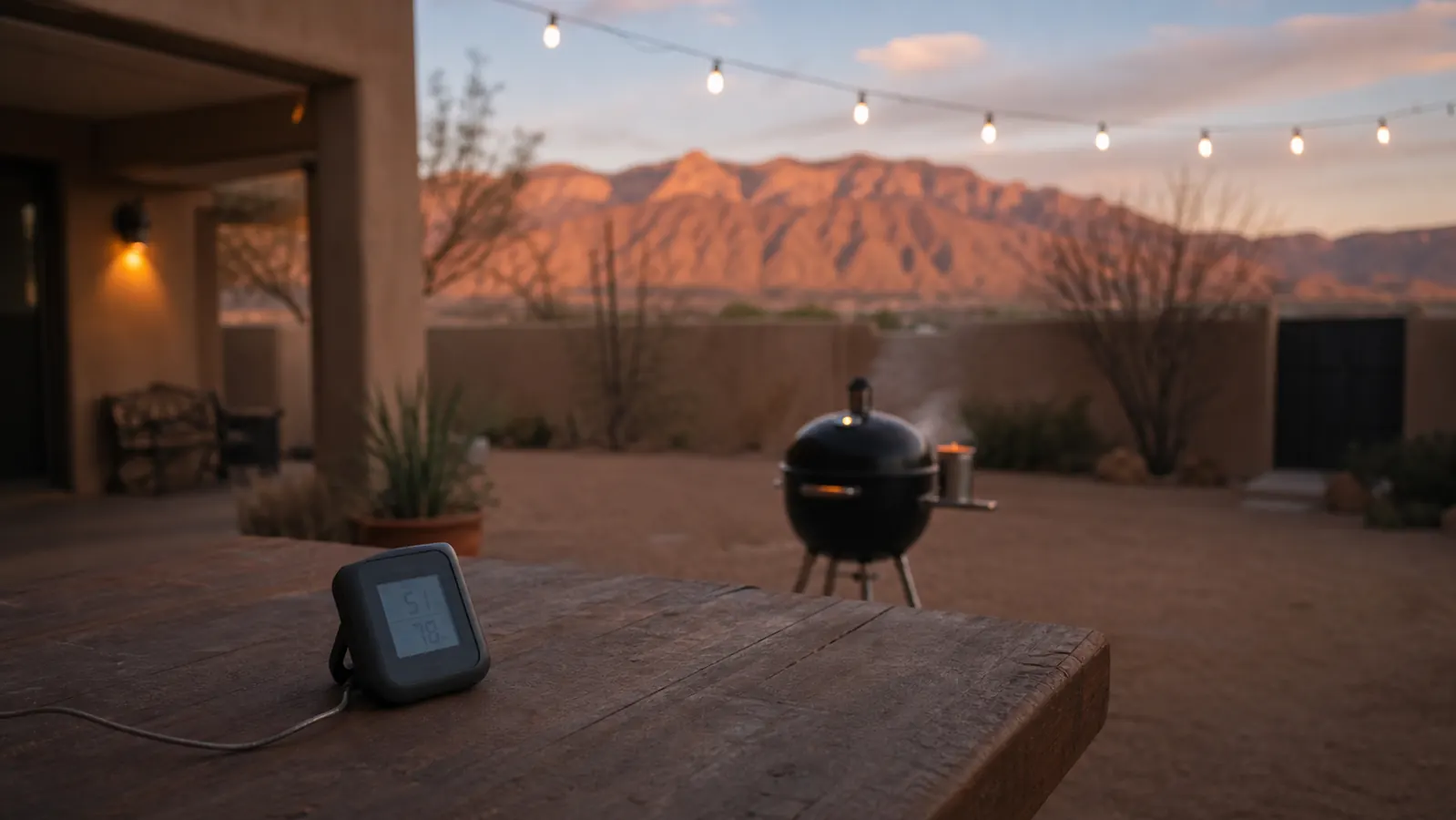 A wireless meat thermometer base station sitting on a patio table at dusk with a smoker glowing in the background