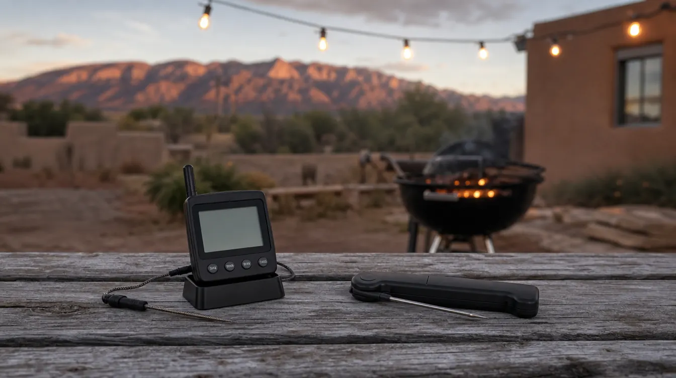 A wireless thermometer base station and a folding instant-read thermometer laid side by side on a wooden patio table at dusk