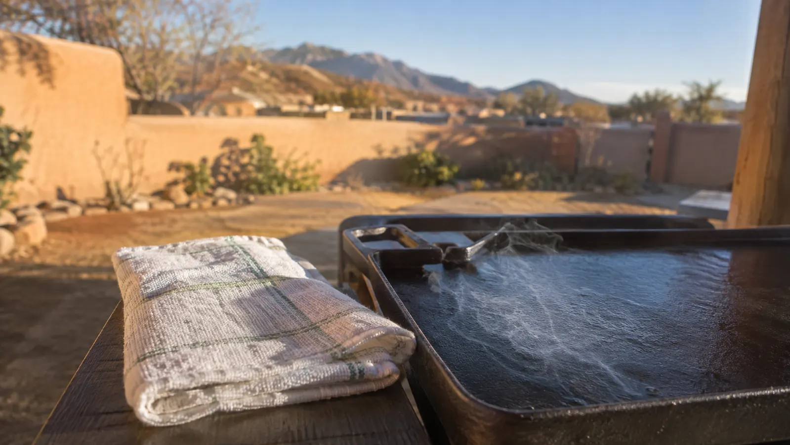 A folded shop towel resting next to a cast iron griddle corner still faintly smoking on an outdoor patio table