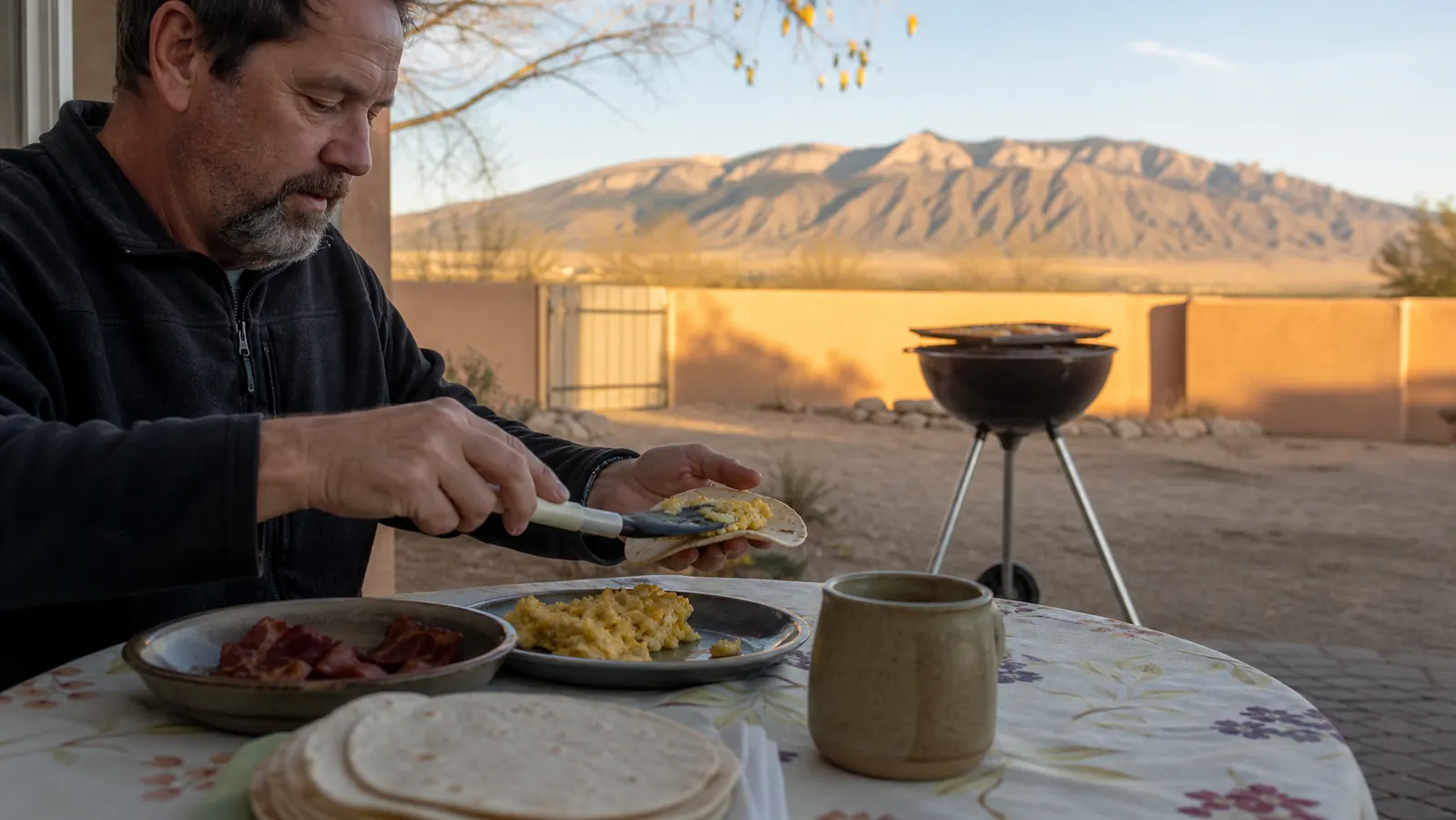 A breakfast spread of eggs, bacon, and tortillas plated on an outdoor table near a kettle grill at sunrise