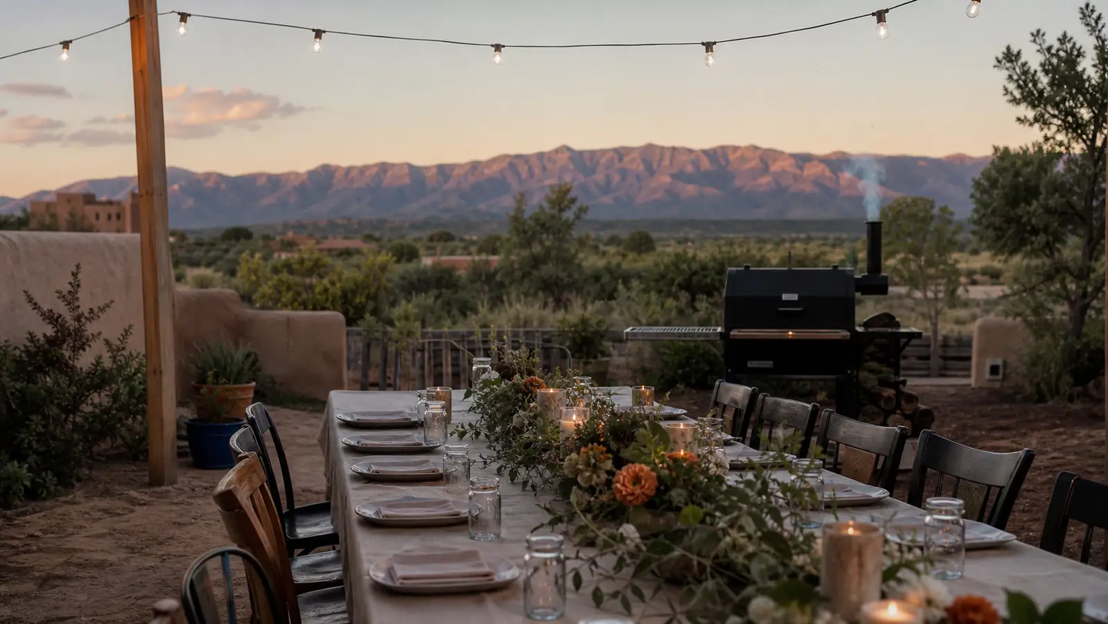 A backyard patio table set for a family cookout at dusk with a pellet grill smoking in the background and the Sandia Mountains behind it
