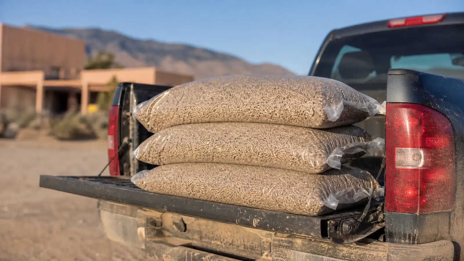 Three unopened bags of wood pellets stacked in the bed of a truck outside a feed store