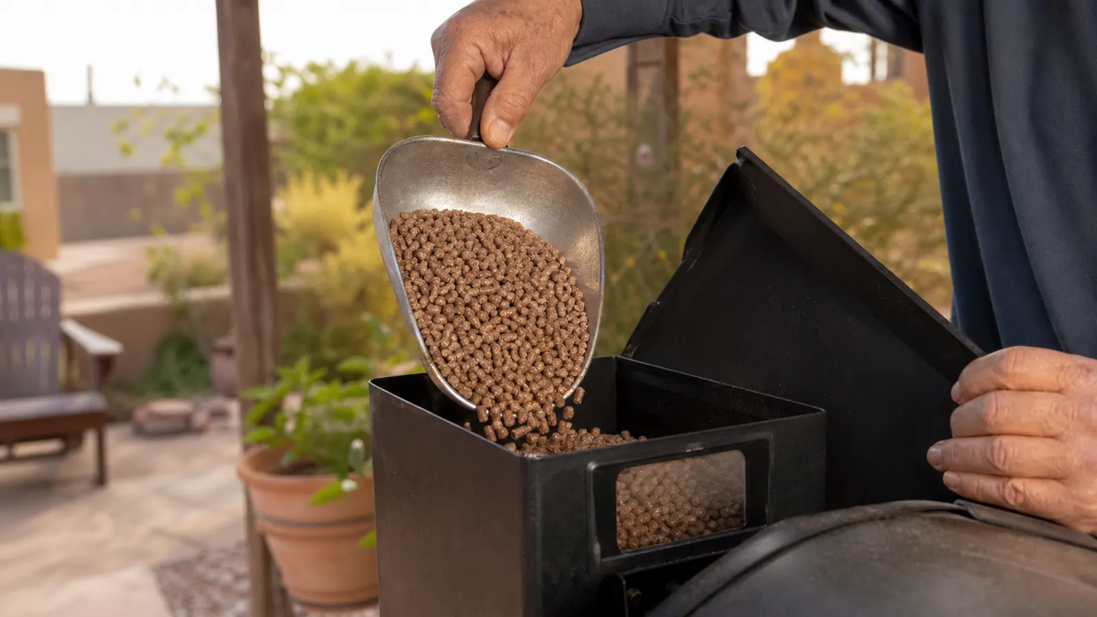 A hand pouring wood pellets from a scoop into an open smoker hopper
