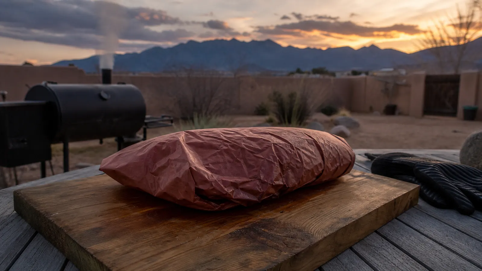 A wrapped beef brisket resting on a wooden cutting board at dusk with a smoker gently smoking in the background