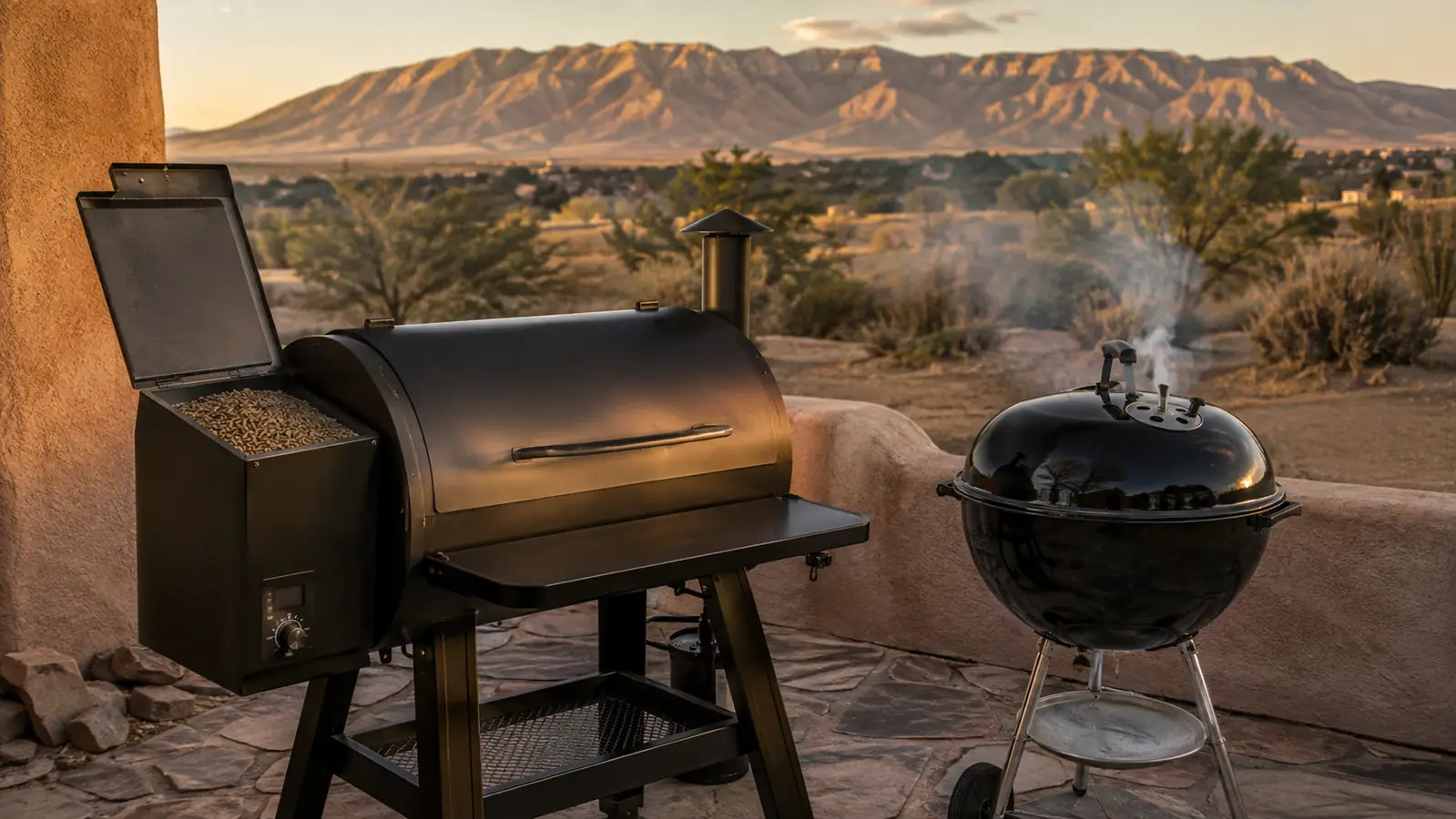 A pellet smoker and a black charcoal kettle grill sitting side by side on a stone patio at golden hour with mountains in the distance