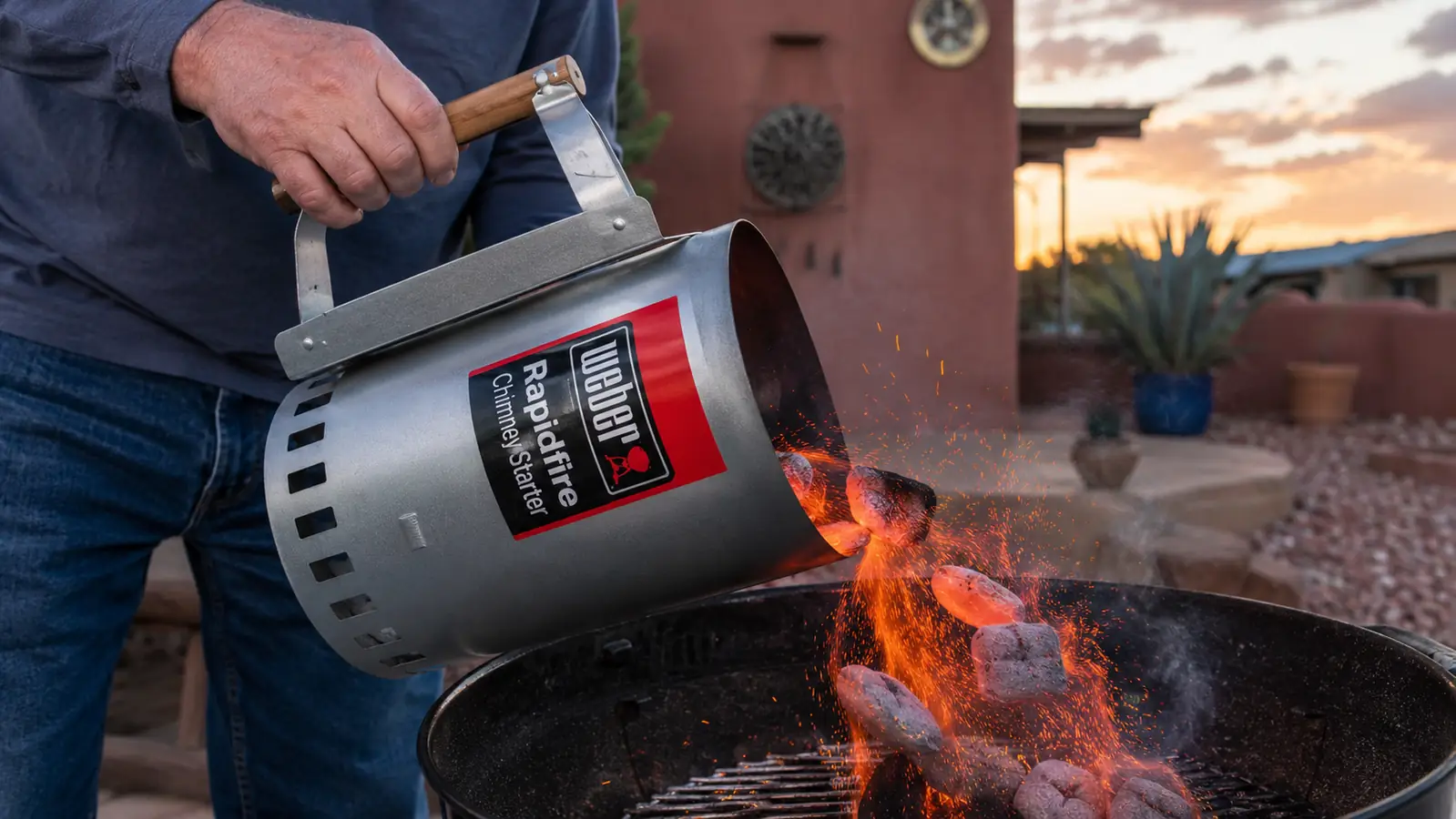 A hand gripping a wooden handle and dumping glowing coals from a chimney starter down into an open kettle grill at dusk