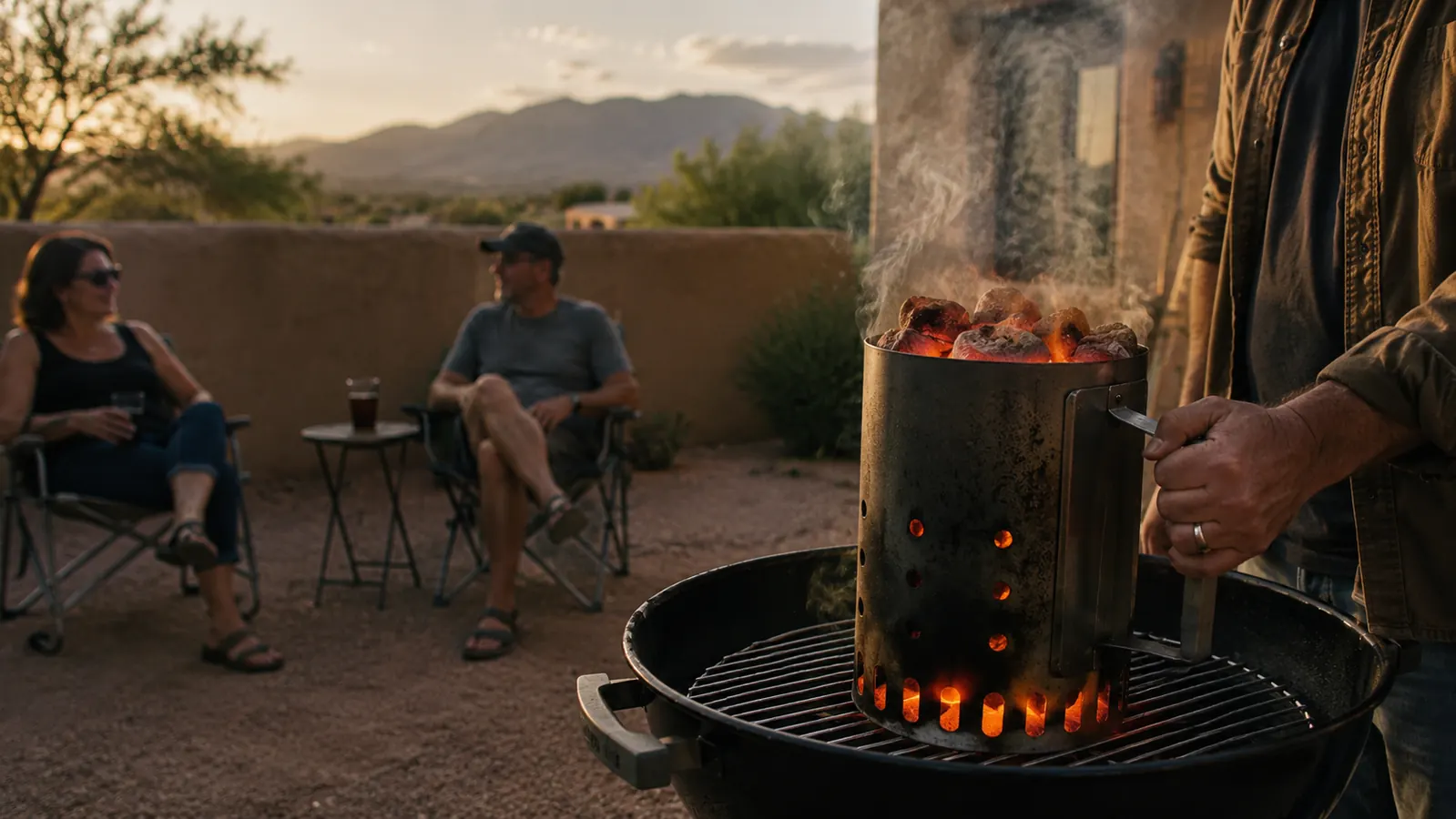A backyard cookout at golden hour with a chimney starter full of glowing coals sitting on a kettle grill while guests relax nearby