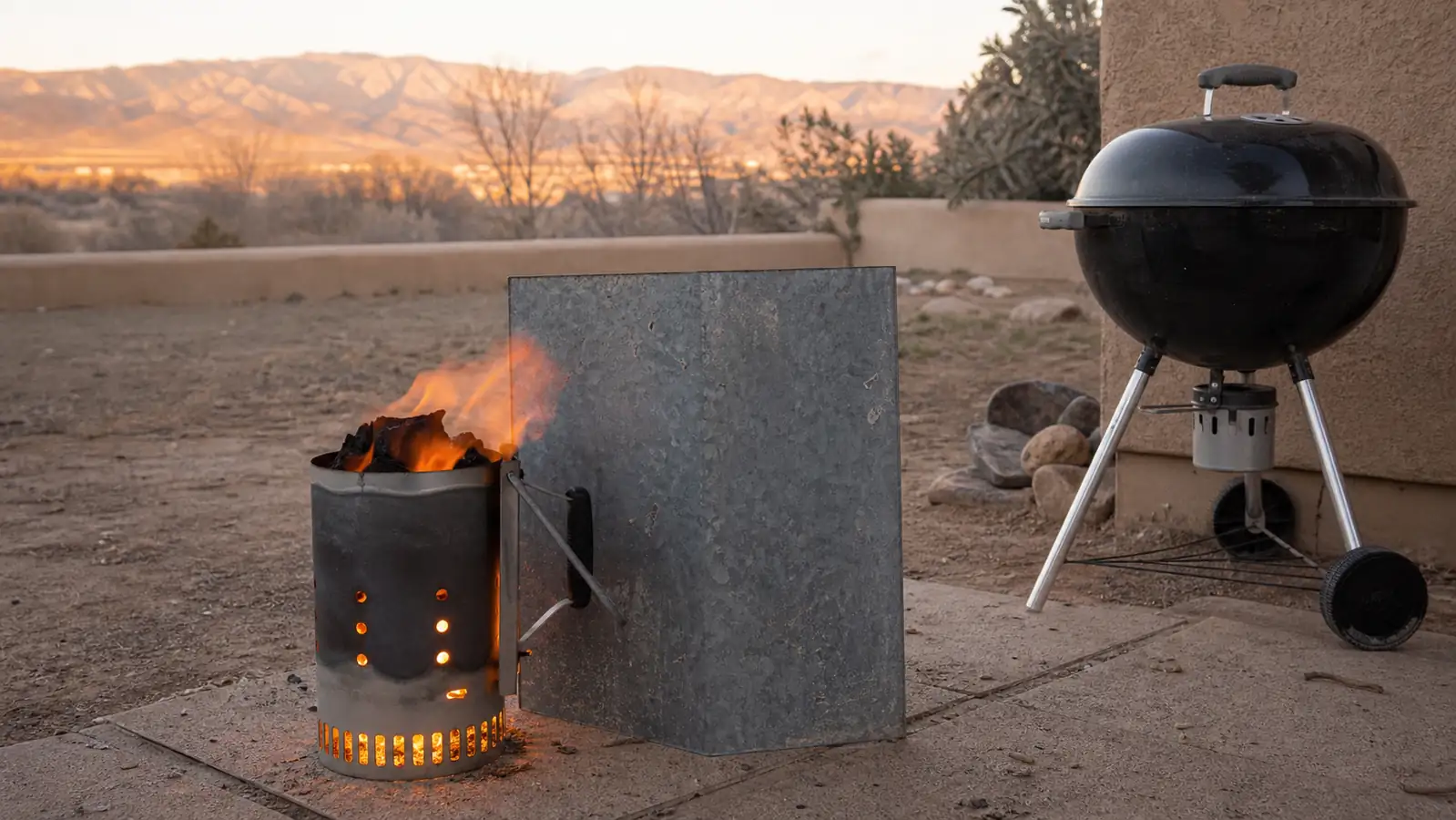 A lit chimney starter on a windy patio with a simple metal wind guard propped beside it near a kettle grill