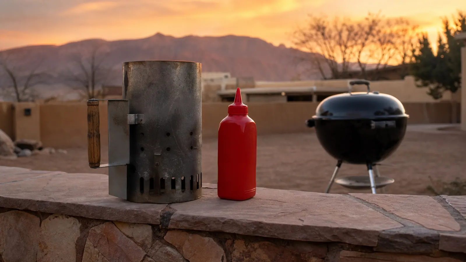 A metal chimney starter and a bottle of lighter fluid sitting side by side on a stone patio wall at dusk with a kettle grill in the background