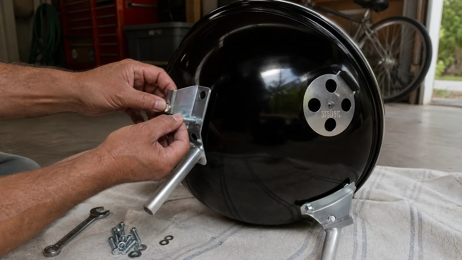 A man's hands bolting a leg bracket onto an overturned kettle grill bowl on a garage floor with tools scattered nearby