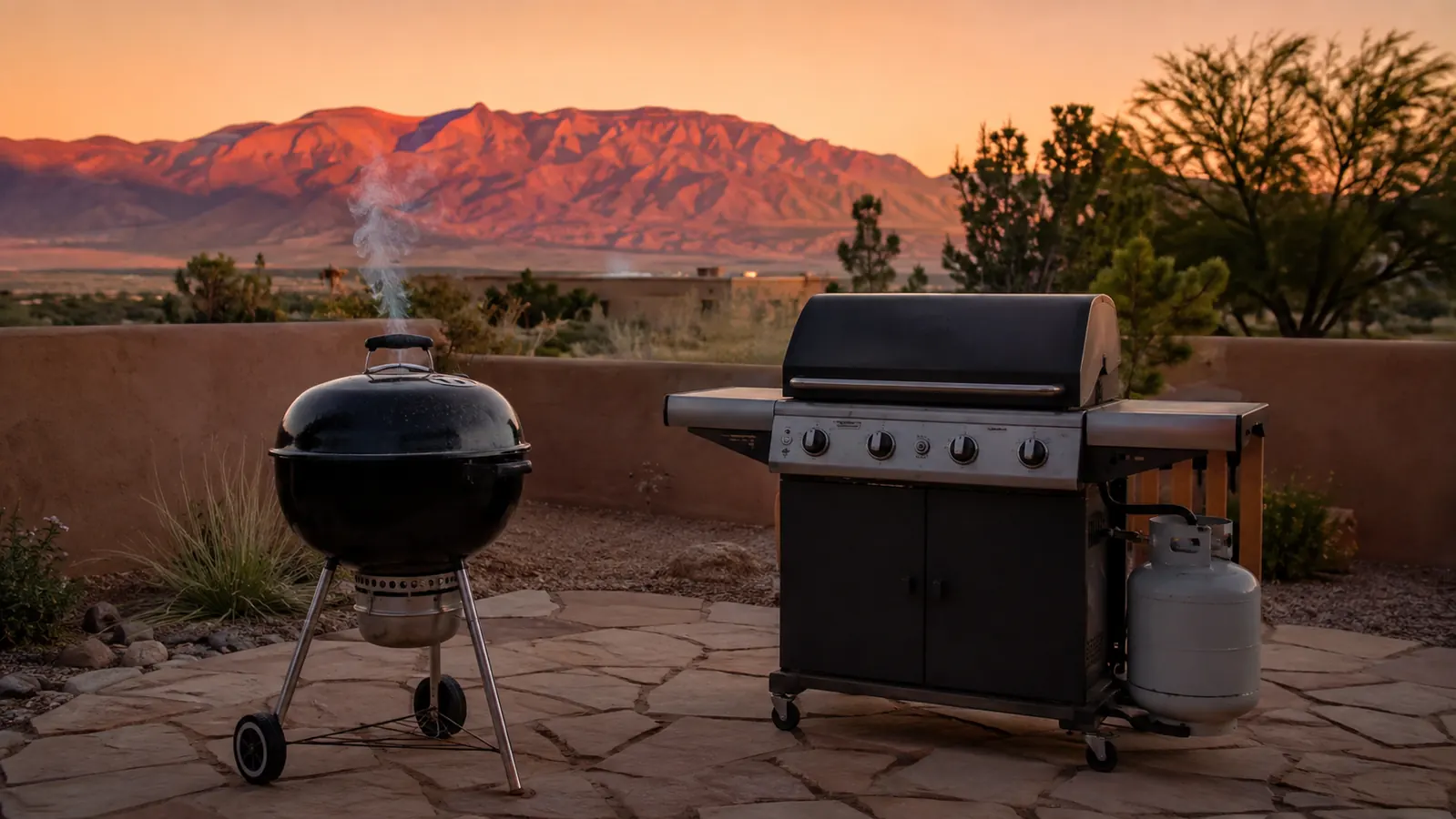 A black Weber kettle grill and a boxy propane gas grill side by side on a stucco patio at dusk
